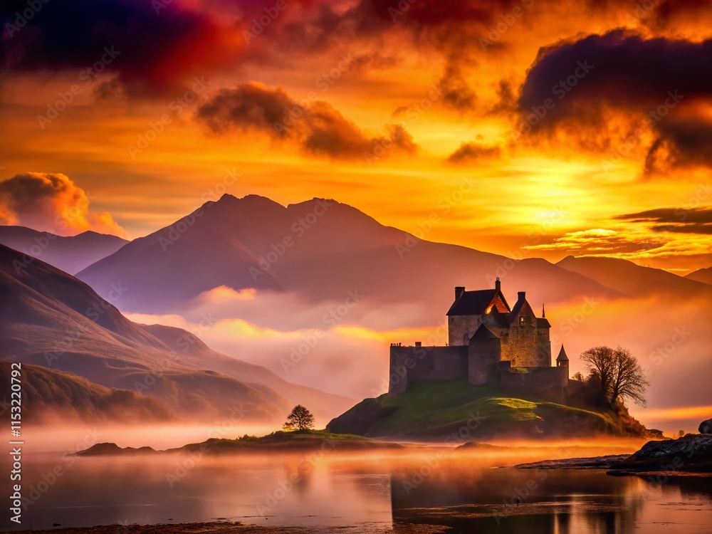 Obraz premium Majestic Silhouette of a Scottish Highland Castle at Sunset