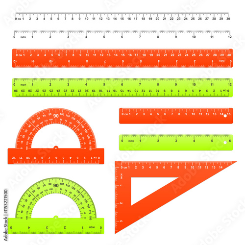 Set of different realistic inch and centimeter rulers - straight, triangular and protractor, vector illustration.