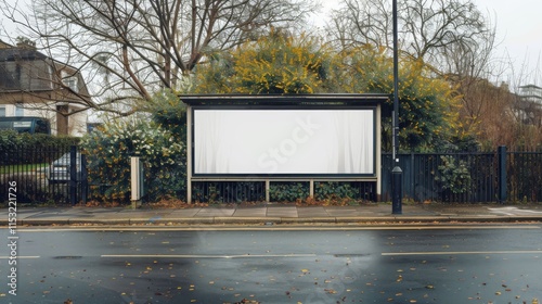 A white billboard sits in front of a fence and a bush photo