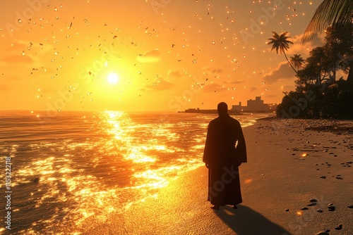 A serene silhouette of a man in a robe watches a vibrant sunset over the ocean, with shimmering reflections on the water's surface.
