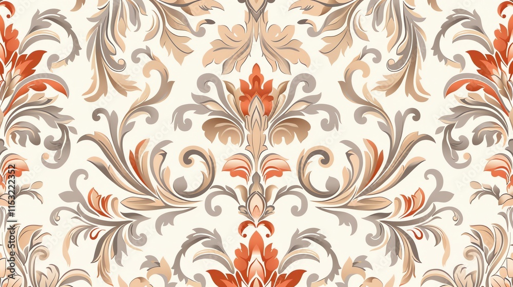 A seamless pattern of intricate floral designs in shades of brown, orange, and gray against a white background. A seamless pattern of intricate floral designs in shades of brown, orange, and gray against a white background.