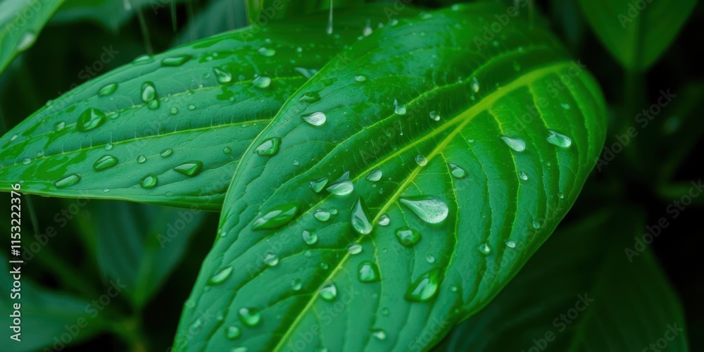 Close-Up of Fresh Green Leaves with Water Droplets Highlighting the Natural Beauty and Texture in a Lush Indoor or Outdoor Setting, Ideal for Nature and Environmental Themes Close-Up of Fresh Green Leaves with Water Droplets Highlighting the Natural Beauty and Texture in a Lush Indoor or Outdoor Setting, Ideal for Nature and Environmental Themes