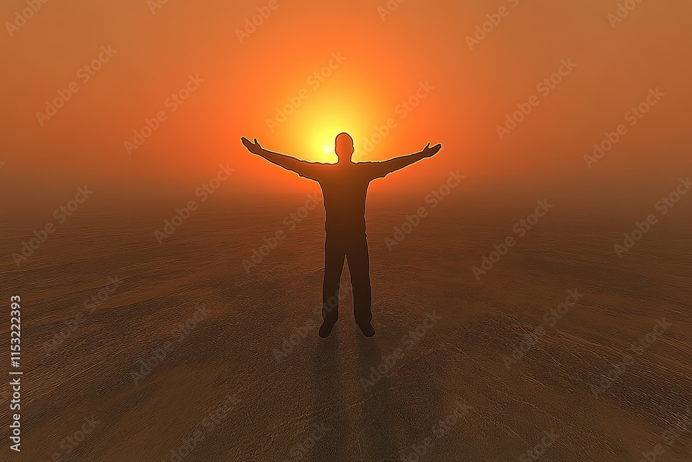 Fototapeta premium A silhouetted man stands with arms outstretched against a sunlit horizon, embodying a moment of liberation and peace.