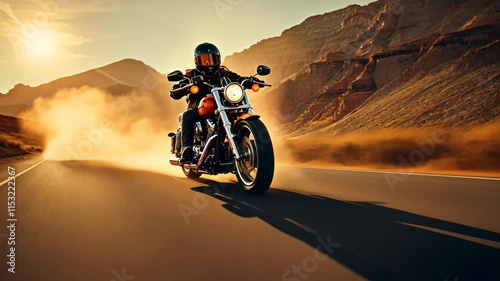Wallpaper Mural Motorcyclist biker riding a motorcycle bike on a scenic desert road at sunset, Freedom and Adventure Concept.
 Torontodigital.ca
