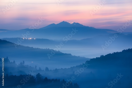 Serene Misty Mountains with Layers of Hills at Dawn or Dusk, Creating a Dreamy and Ethereal Landscape.