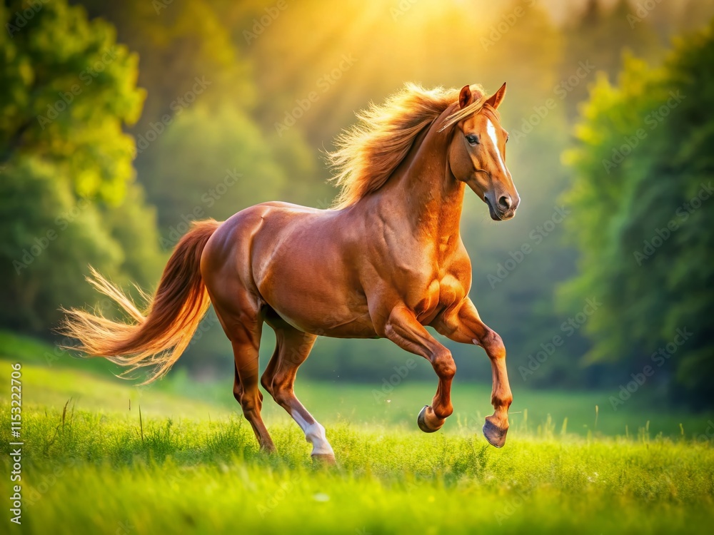 Obraz premium Majestic Trotting Horse in Summer Meadow: Stunning Equestrian Stock Photo