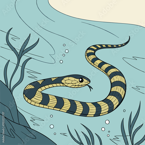 Vector artwork of a banded sea krait swimming in clear blue water, showcasing vibrant marine life and underwater beauty