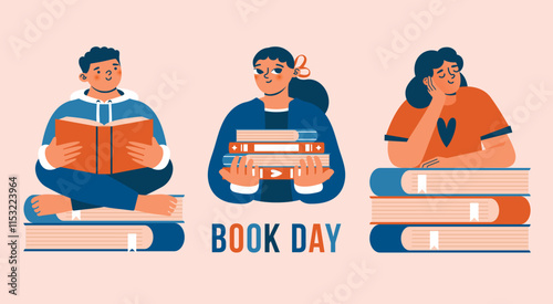 Book Day. Set of vector clip arts with people, who love reading books. Cute illustrations with boy and girl, who sitting on big stack of books. Young woman holding books. Bookworm concept. Flat Design