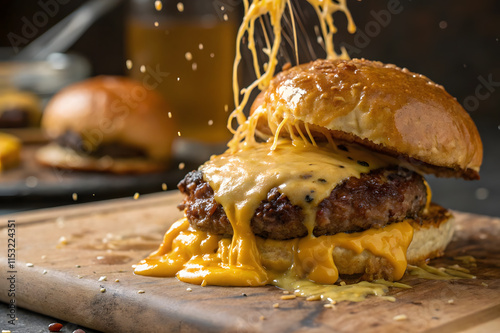 Cheeseburger with melted cheese dripping