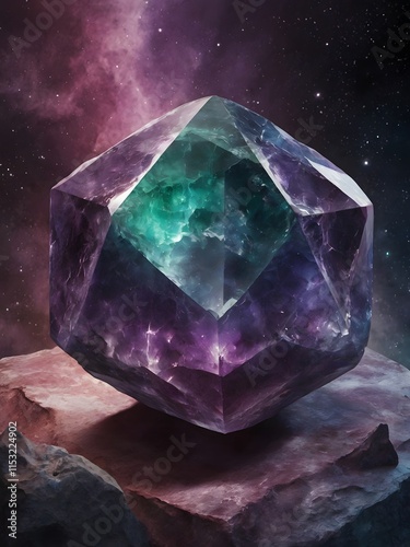 Close-Up of Stunning Fluorite with Purple and Green Glows Against the Cosmos photo