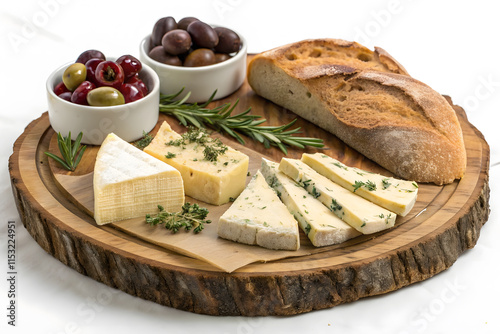 Cheese Board with Bread, Olives, and Herbs  