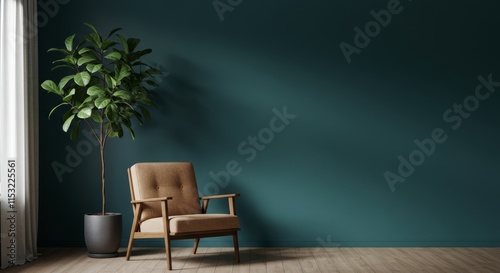 interior house solid color wall with chair & tree