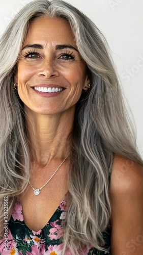 Confident woman with silver hair smiling brightly in a casual floral outfit against a light background