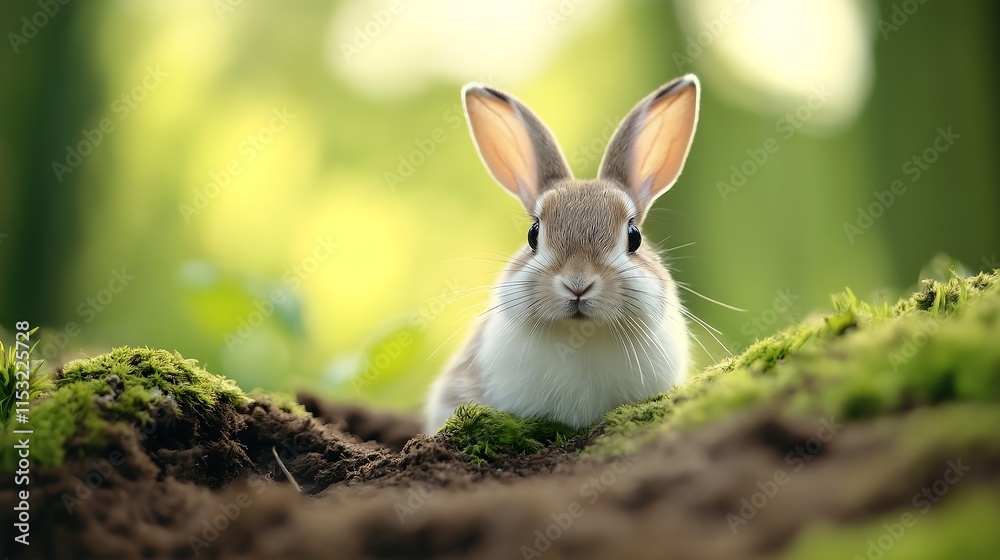 Fototapeta premium Small bunny peeks out from behind a mound