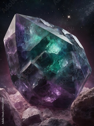 Close-Up of Stunning Fluorite with Purple and Green Glows Against the Cosmos photo