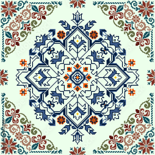 Square seamless Floral traditional pixel with frame Geometric ethnic pattern. Ukrainian, Romanian, Vyshyvanka, Slavic style. Vector for tile, textile, mosaic, ceramic, patchwork, background, backdrop.