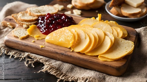 Brunost (Norwegian Brown Cheese) Slices with Bread and Jam photo