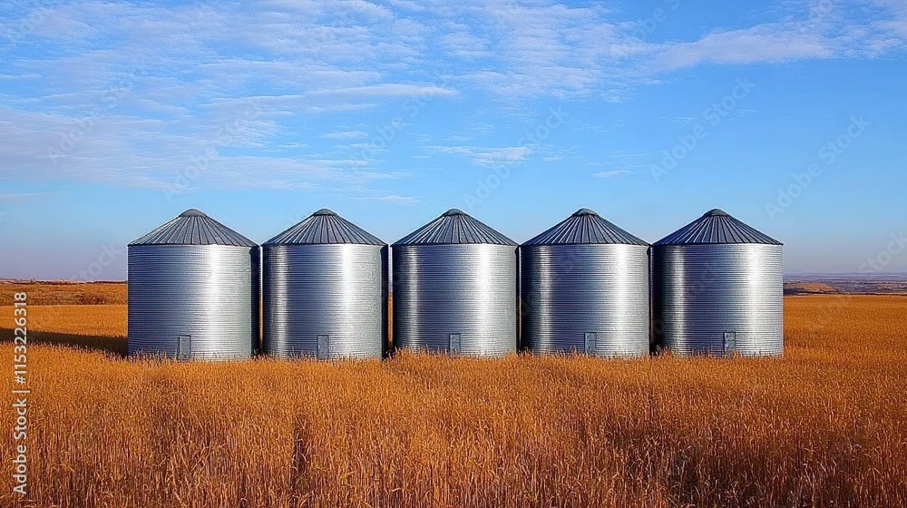Silver grain silos standing in a golden wheat field. Silver grain silos standing in a golden wheat field.