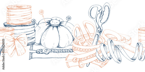 Hand drawn ink vector illustration sewing craft supplies. Scissors pin cushion ribbon thread bobbin zipper bow tie. Seamless banner isolated on white background. Design atelier, tailor, hobby shop