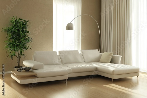 Modern Living Room Corner with White Sofa, Green Plant, and Neutral-Toned Walls photo