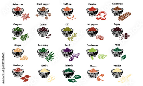 A set of herbs and spices in the form of colorful silhouettes in crushed form on a plate next to the dish. A variety of herbs, seeds, vegetables for different taste preferences. Sliced pieces