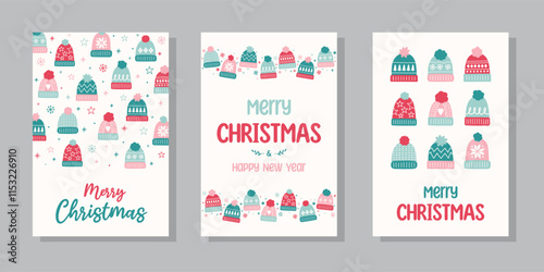 Collection of Christmas posters with decorations in cartoon style. Greeting card with hand drawn winter hats. Vector illustration