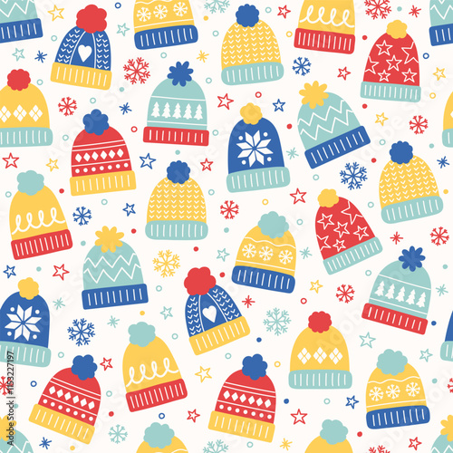 Cute hand drawn winter hat background. Design of a Christmas seamless pattern. Vector illustration