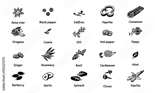 A collection of flat vector herbs and spices in black silhouettes of taste pieces with the name on white. A variety of herbs, seeds, vegetables for different taste preferences. Sliced pieces