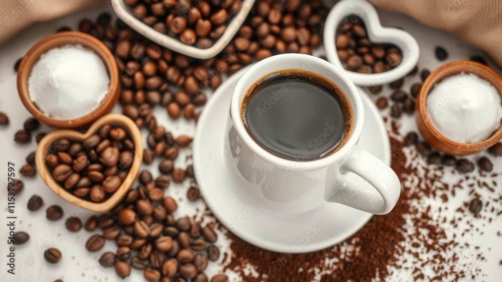 Freshly Brewed Coffee in a White Cup Surrounded by Heart-Shaped Bowls of Sugar and Coffee Beans on a Rustic Wooden Table Freshly Brewed Coffee in a White Cup Surrounded by Heart-Shaped Bowls of Sugar and Coffee Beans on a Rustic Wooden Table