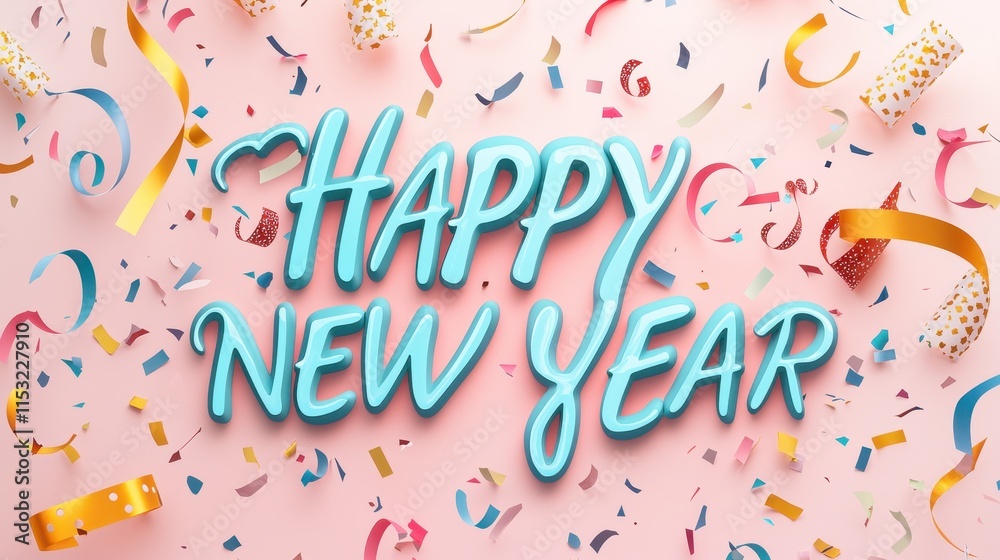 Festive Happy New Year Typography with Light Pastel Colors and Confetti on Soft Background Festive Happy New Year Typography with Light Pastel Colors and Confetti on Soft Background