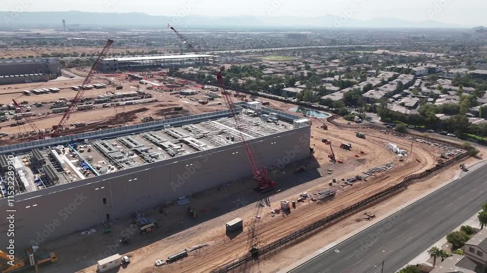 Drone shot over cituscape and the QTS Data Center under construction in downtown Phoenix in Arizona
