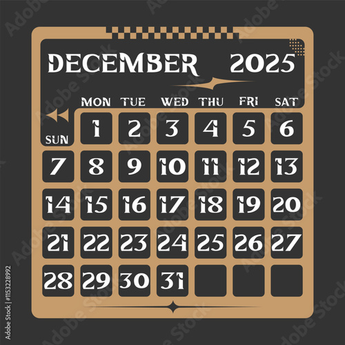 Letter calendar for December 2025. The week begins on Sunday. Time, planning and schedule concept. Flat design. Removable calendar for the month. Vector illustration
