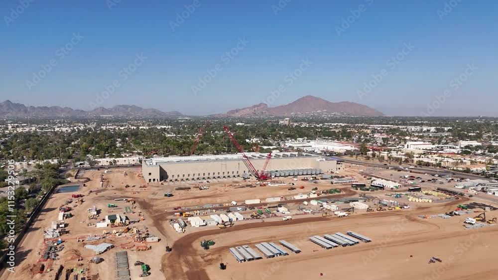 Drone footage over the QTS Data Center under construction in downtown Phoenix in Nvidia, Arizona