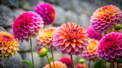 Miniature Dahlia Flowers on Grey Stone: Tilt-Shift Photography