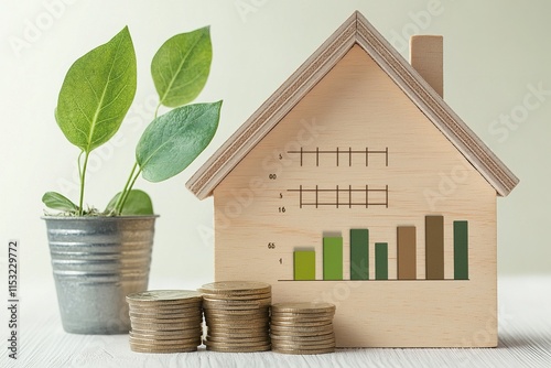 Coins with Green Shoots and Mini House with Energy Scale, Representing Eco-Friendly Investments photo