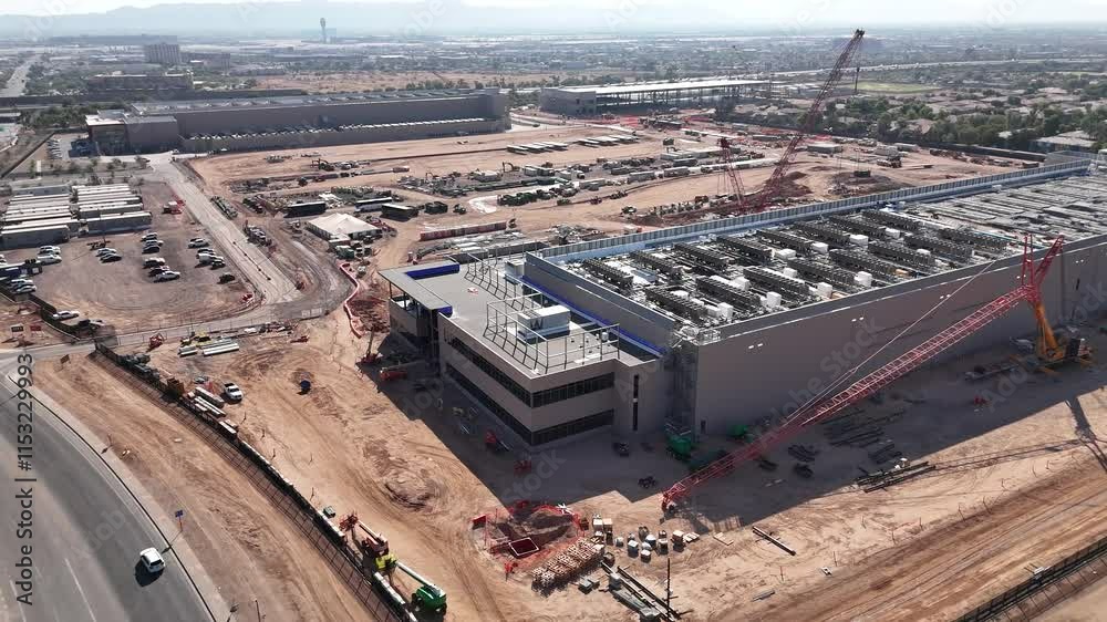 Drone footage over the QTS Data Center under construction in downtown Phoenix in Arizona