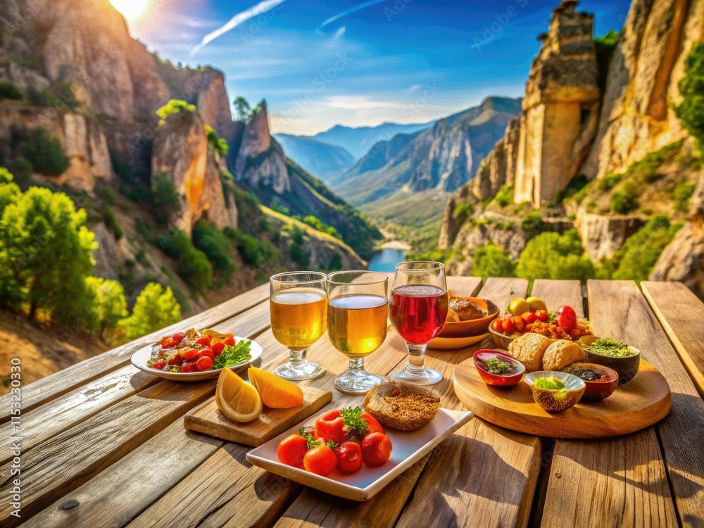 Fototapeta premium Stunning Caminito del Rey: savor Andalusian cuisine against breathtaking mountain vistas.