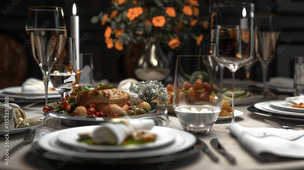 Fototapeta premium A table setting with a roasted chicken, side dishes, wine glasses, and candles.