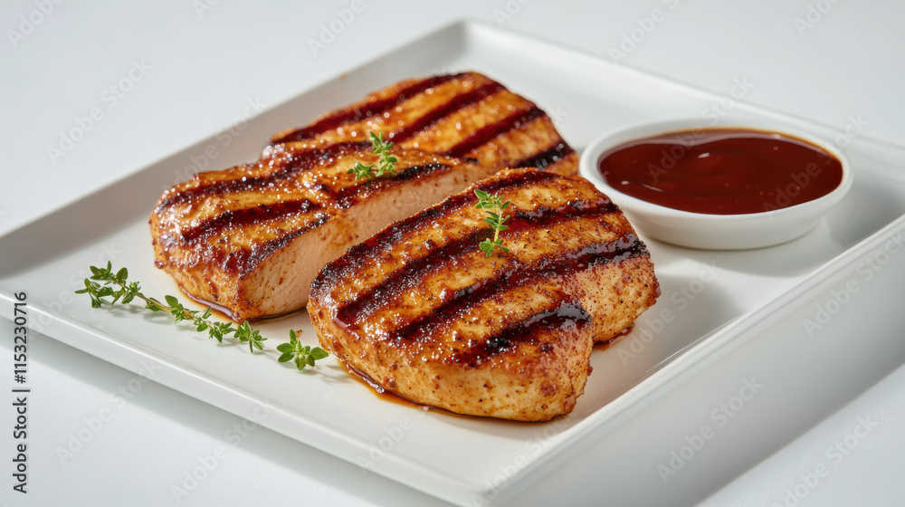 A set of lightly grilled chicken breast cuts with a golden seasoning crust, arranged aesthetically on a clean white porcelain plate, accented with tiny fresh thyme sprigs and a tangy barbecue glaze, s A set of lightly grilled chicken breast cuts with a golden seasoning crust, arranged aesthetically on a clean white porcelain plate, accented with tiny fresh thyme sprigs and a tangy barbecue glaze, s