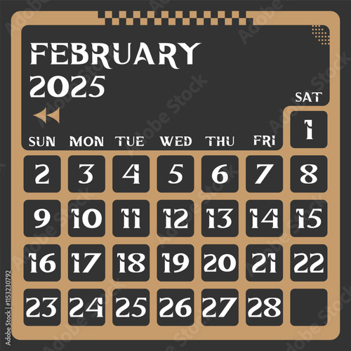 Letter calendar for February 2025. The week begins on Sunday. Time, planning and schedule concept. Flat design. Removable calendar for the month. Vector illustration
