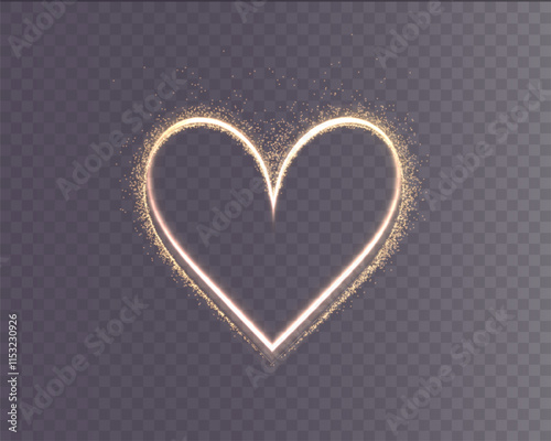 Heart gold with flashes isolated on transparent background. Light heart for holiday cards, banners, invitations. Heart-shaped neon wire glow.	