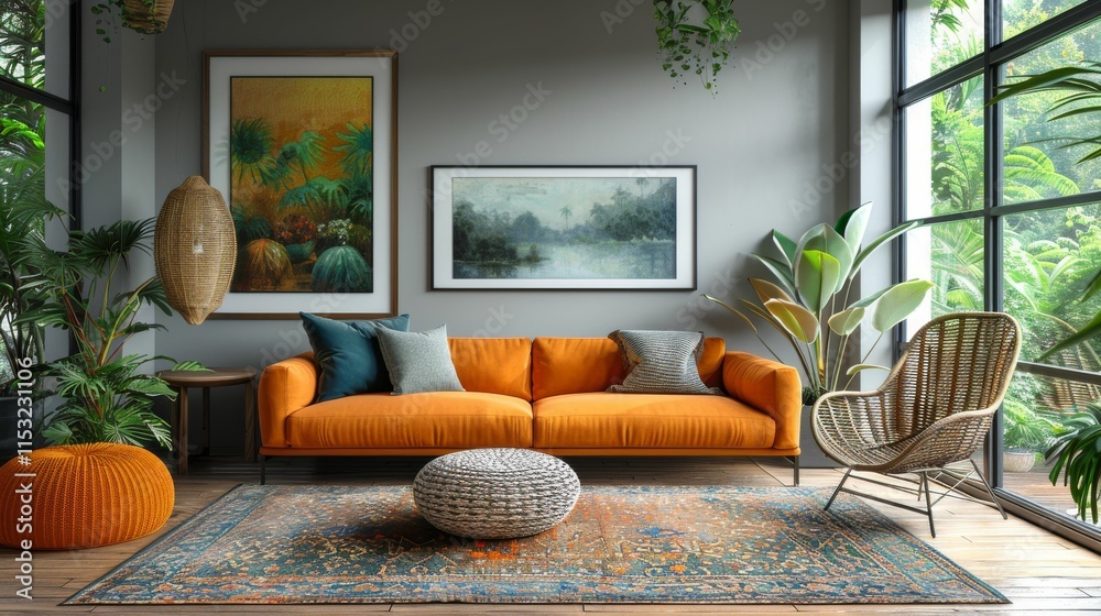 A living room with a large orange couch, a coffee table, and a potted plant A living room with a large orange couch, a coffee table, and a potted plant