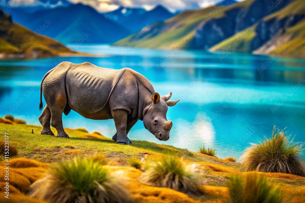Fototapeta premium Miniature Indian Rhino Grazing by New Zealand's Blue Lake: Tilt-Shift Photography
