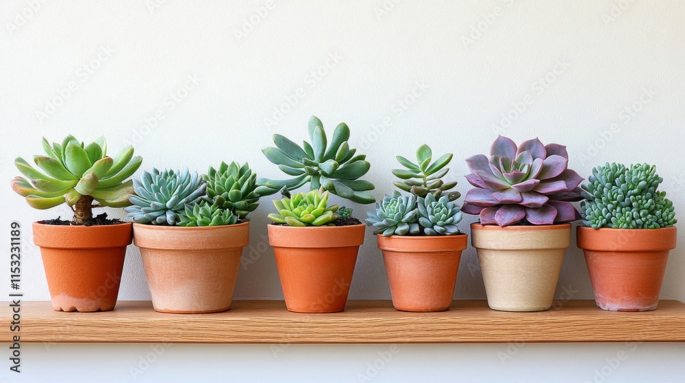 Small Succulents Planted In Terracotta Pots On A Shelf Small Succulents Planted In Terracotta Pots On A Shelf