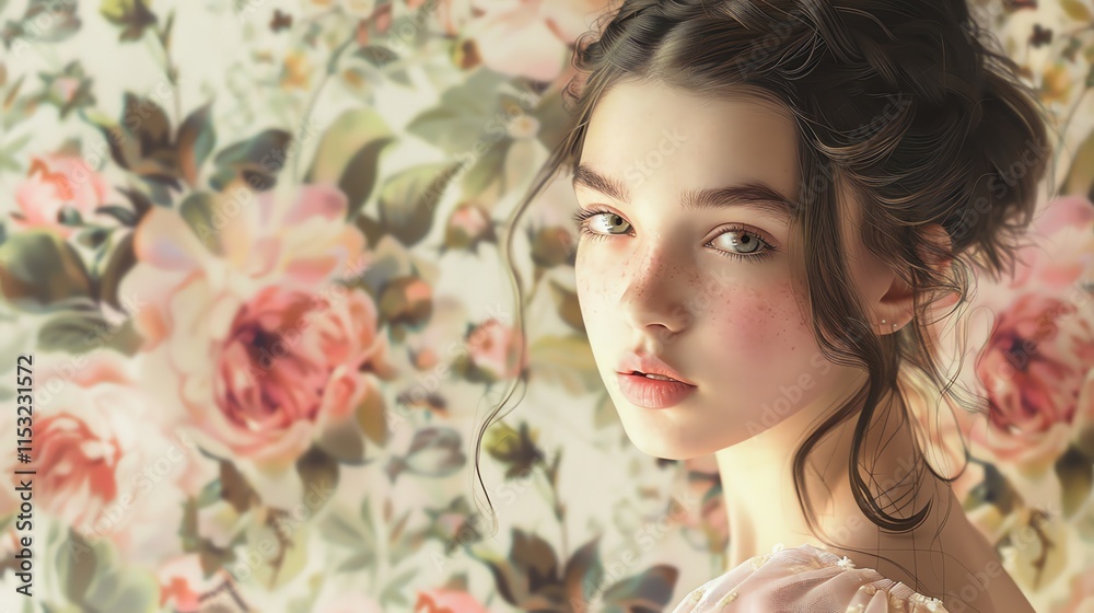A young woman with freckles and a flower crown looks directly at the camera. A young woman with freckles and a flower crown looks directly at the camera.