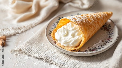 Krumkake Norwegian Cone Pastry with Whipped Cream Filling (Norwegian Cuisine) photo