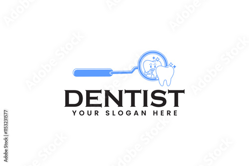Shining white teeth are reflected in the mouth mirror character mascot logo design. funny teeth cartoon with mouth mirror logo design set for dentist, dental clinic, dentistry