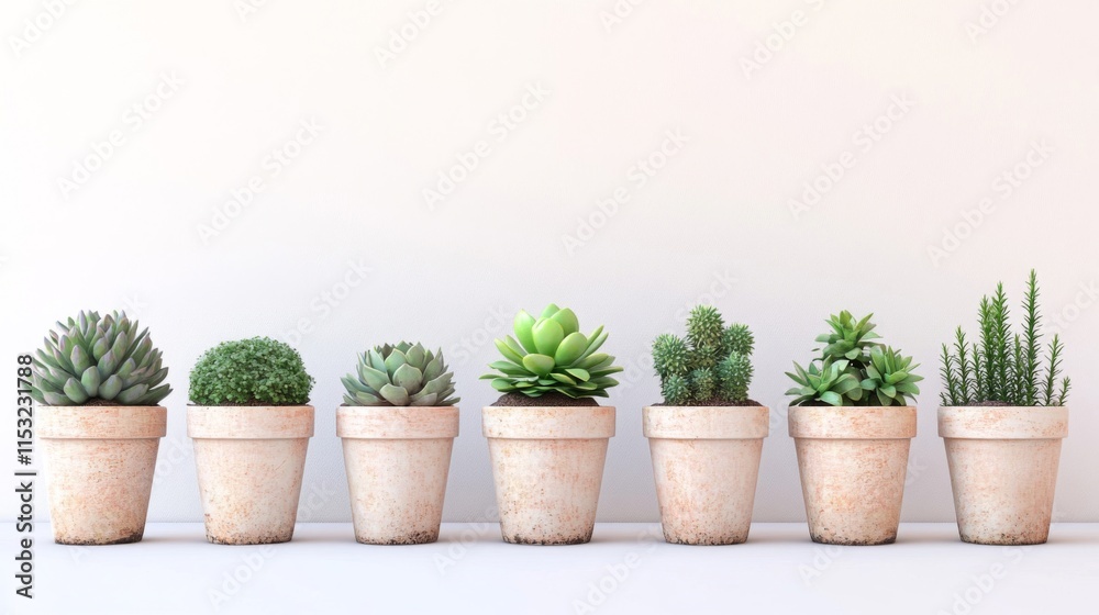 Seven Succulents Planted In Terracotta Pots Against A White Wall Seven Succulents Planted In Terracotta Pots Against A White Wall