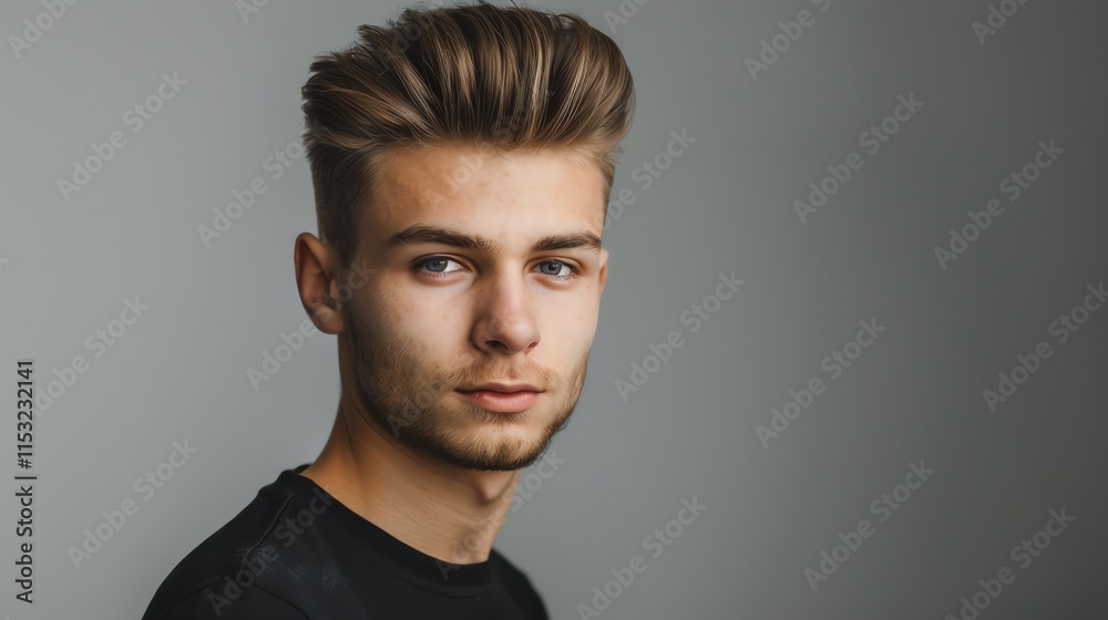 A young man with a serious expression looks directly at the camera. A young man with a serious expression looks directly at the camera.