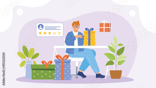 An illustration of a cheerful festival shopping promotion, featuring a bustling marketplace or shopping mall decorated with festive lights, banners, and colorful decorations.
